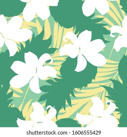 Pineapples with palm leaves and tropical white flowers. Silhouettes. Graphic pattern design with amazing palms. Fashion, interior, advertising, signboard. Realistic palm leaves and fruits.