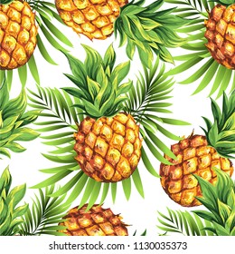 Pineapples with palm leaves. Vector pattern, background.