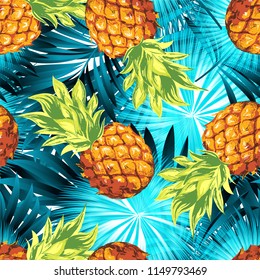 Pineapples with palm leaves. Vector pattern. Nature.