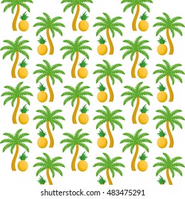 Pineapples and palm trees background. Fruits summer healthy and organic food theme. Colorful design. Vector illustration