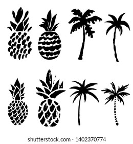 Pineapples, palm trees black sketch silhouettes set. Hand drawn isolated on white background design elements, clip art