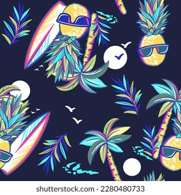 Pineapples, palm trees and surfboards, seamless pattern with vector hand drawn art