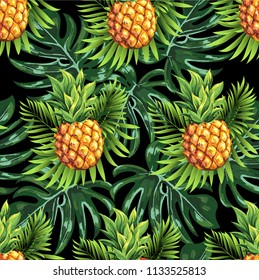 Pineapples with palm tropical leaves. Vector pattern on a black background.