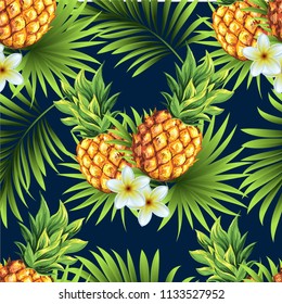 Pineapples with palm tropical leaves. Vector pattern on a blue background.