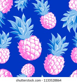 Pineapples with palm tropical leaves. Vector pattern on a blue background.