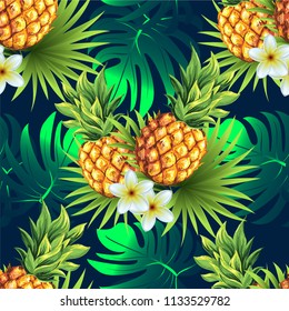 Pineapples with palm tropical leaves. Vector pattern on a blue background.