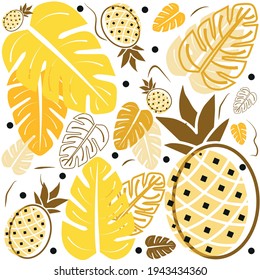 Pineapples pattern. Elegant vector illustration of leaves and fruits. 