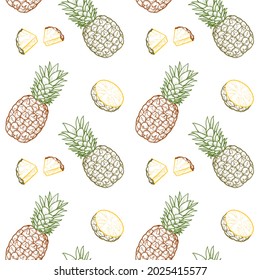 Pineapples and pineapple slices. Seamless vector pattern. 