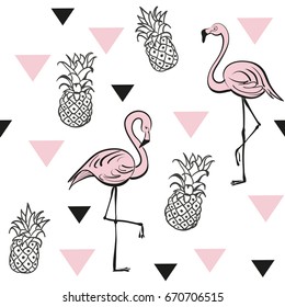 Pineapples and pink flamingos. Seamless pattern. Tropical vector print. Pop art style.