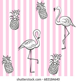 Pineapples and pink flamingos. Pink stripes. Seamless pattern. Tropical vector print. Pop art style.