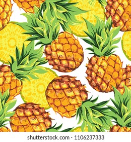 Pineapples with pulp, branches and leaves of palm trees. Vector tropical floral pattern. Hand drawing.