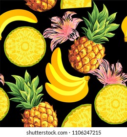 Pineapples with pulp, flowers and fresh bananas on a black background. Vector tropical floral pattern. Hand drawing.