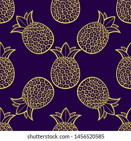 Pineapples Are Ripe, Tropical With A Black Background. Seamless Vector Pattern.