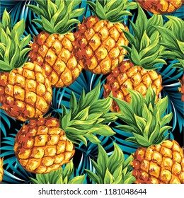 Pineapples are ripe, tropical with palm branches. Vector pattern.