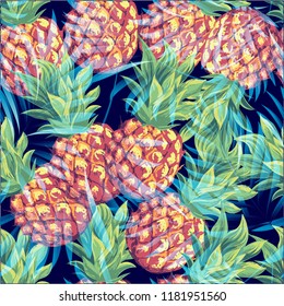 Pineapples are ripe, tropical with palm branches on a black background. Vector pattern.