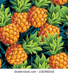 Pineapples are ripe, tropical with palm branches on a black background. Vector pattern.