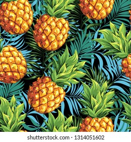 Pineapples are ripe, tropical with palm branches on a black background. Seamless vector pattern.