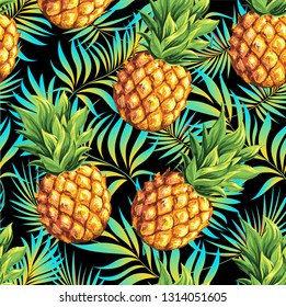 Pineapples are ripe, tropical with palm branches on a black background. Seamless vector pattern.