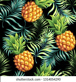 Pineapples are ripe, tropical with palm branches on a black background. Seamless vector pattern.