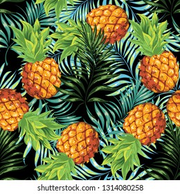 Pineapples are ripe, tropical with palm branches on a black background. Seamless vector pattern.