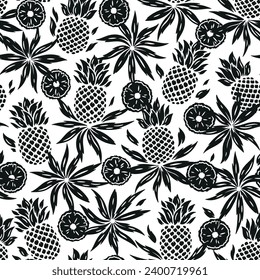 Pineapples Patrón blanco negro transparente. Fondo de verano floral con fruta tropical de piña, rodajas y hojas. Ilustración vectorial.