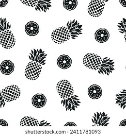 Pineapples Seamless Black and White Pattern. Floral Summer Background with Pineapple Tropical Fruit, Slices and Leaves. Vector Illustration
