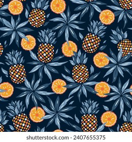 Pineapples Patrón Seamless Colorful. Fondo de verano floral con fruta tropical de piña, rodajas y hojas. Ilustración vectorial.