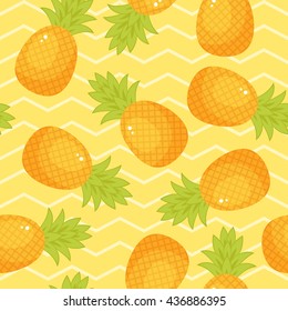 Pineapples seamless pattern. Bright pineapples on yellow chevron background. Vector seamless wallpaper. Eps 10