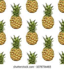 Pineapples seamless pattern. Colored tropical fruit sketch style. Hand drawn vector illustration.
