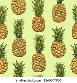 Pineapples seamless pattern. Colored tropical fruit sketch style. Hand drawn vector illustration.
