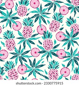 Pineapples Seamless Pattern. Colourful Floral Summer Background with Pineapple Tropical Fruit, Slices and Leaves. Vector Illustration.