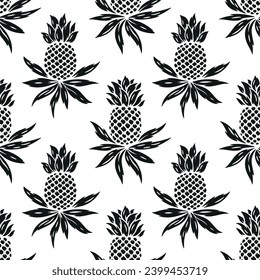 Pineapples Seamless Pattern. Floral Background with Pineapple Tropical Fruit and Leaves. Black and White Vector graphic.