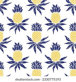 Patrón sin soldadura de piñas. Fondo de verano floral con fruta tropical de piña y hojas. Ilustración vectorial.