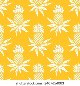 Pineapples Seamless Pattern. Floral Yellow White Background with Pineapple Tropical Fruit and Leaves. Vector graphic.