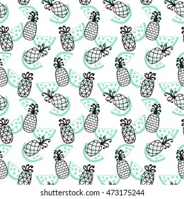 Pineapples seamless pattern. Hand drawn decoration backdrop for your business. Good for wallpaper, invitation card, scrapbook, wrapping paper, website background, fashion textile print.