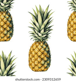 Pineapples seamless pattern textile print vector design. Ananas tropical fruit healthy organic food illustration. Exotic pine fruit with green leaves, pineapple seamless wallpaper.