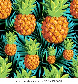 Pineapples. Seamless pattern from tropical fruit and palm leaves. Vector image.