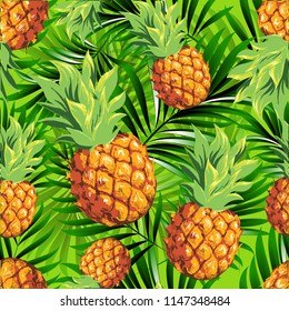 Pineapples. Seamless pattern from tropical fruit and palm leaves. Vector image.