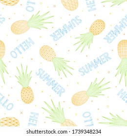 Pineapples seamless pattern. Tropical vector fruits. Linear style. Doodle. Decorative lace elements on white background with text. For textiles, fabrics, wallpaper, wrapping paper.