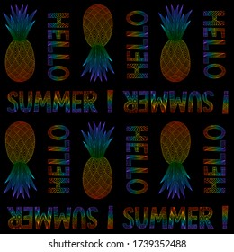 Pineapples seamless pattern. Tropical vector fruits. Linear style. Doodle. Bright decorative lace elements on a black background with text. For textiles, fabrics, wallpaper, wrapping paper.