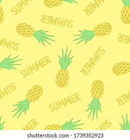 Pineapples seamless pattern. Tropical vector fruits. Linear style. Doodle. Decorative lace elements on yellow background with text. For textiles, fabrics, wallpaper, wrapping paper.