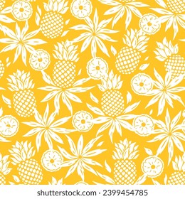 Pineapples Seamless Yellow White Pattern. Floral Summer Background with Pineapple Tropical Fruit, Slices and Leaves. Vector Illustration.