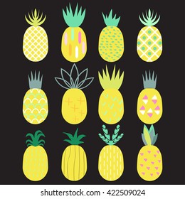Pineapples set. 80-90s fashion style. Vector illustration.