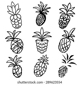 Pineapples set black lines, hand drawn sketch icons isolated on white background, art logo design