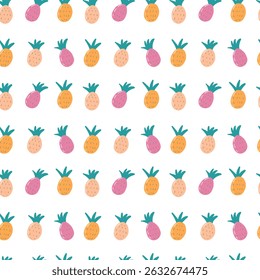 Pineapples in simple art style, seamless pattern, hand drawn. For product packaging, kitchen and home textiles, wallpapers, children’s and summer tropical themes, covers, menu, cards, backgrounds 