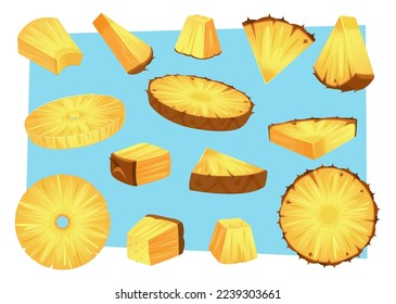 Pineapples. Sliced cartoon natural fruits tropical pineapple pieces collection juicy annanas exact vector templates