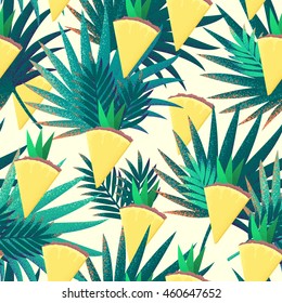 Pineapples slices and palm leaves seamless pattern. Tropical retro vector background