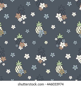 Pineapples with small tender flowers. Vector seamless pattern