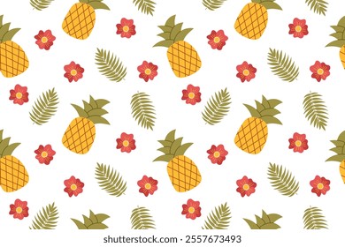 Pineapples summer seamless pattern. Pineapples, leaves and flowers on white background. 