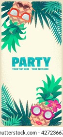 Pineapples with sunglasses, mustaches, lips, palm leaves, frangipani (plumeria) flower. Tropical beach party. Retro vector illustration. Place for your text. Invitation, banner, card, poster, flyer